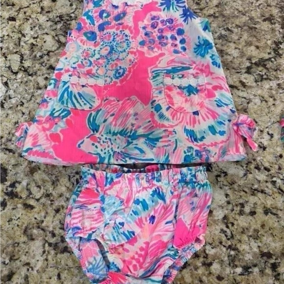 Lilly Pulitzer Pink and Blue Dress & Diaper Cover Set Bloomer Tiki Pink Gypsea - Picture 1 of 7